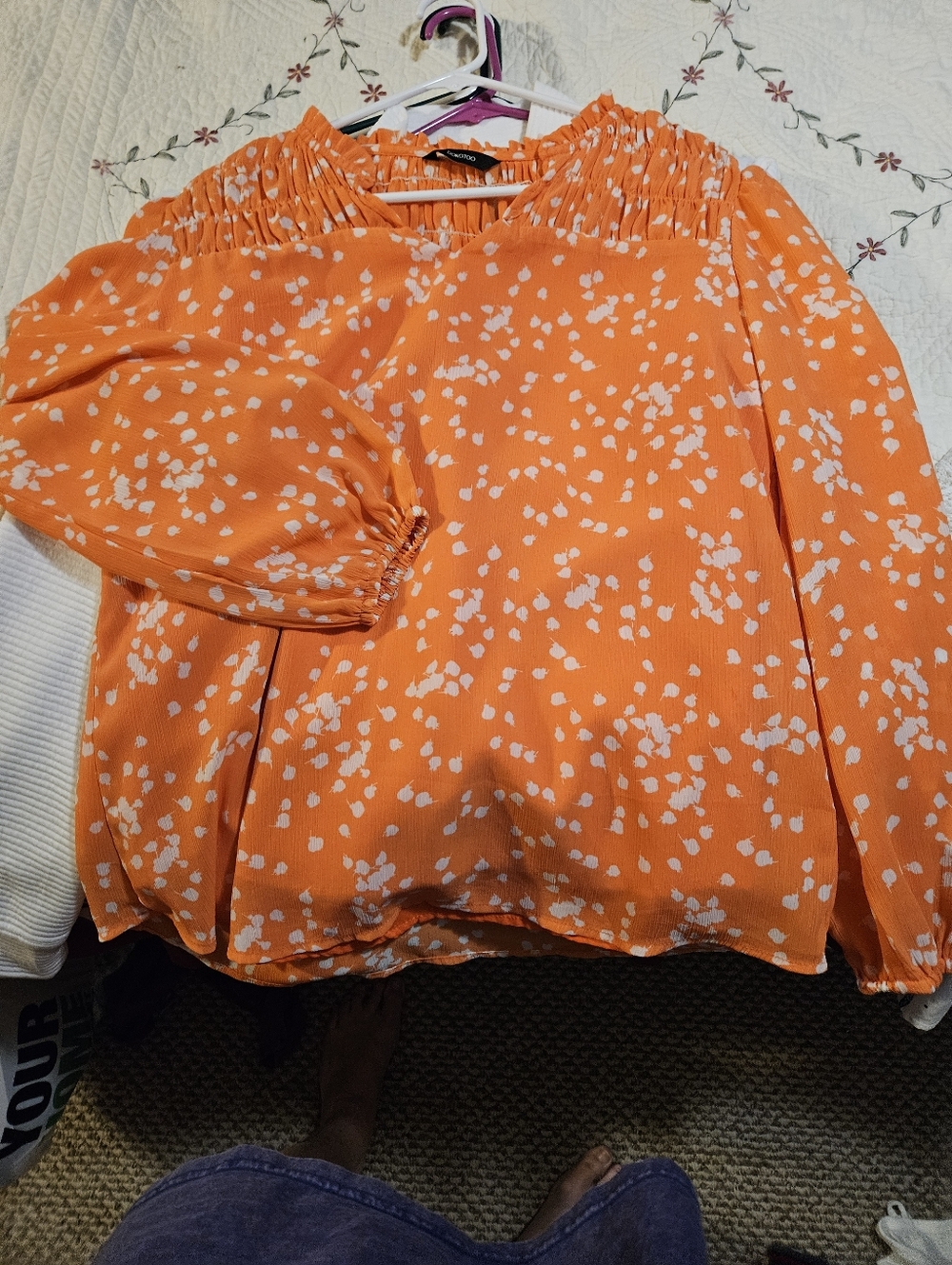 Smocked Neck Orange Print Long-Sleeve Blouse